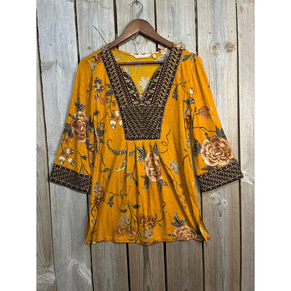 Soft Surroundings Mustard Yellow Floral Embroidered V-Neck Tunic Top‎ 2BM75 XS